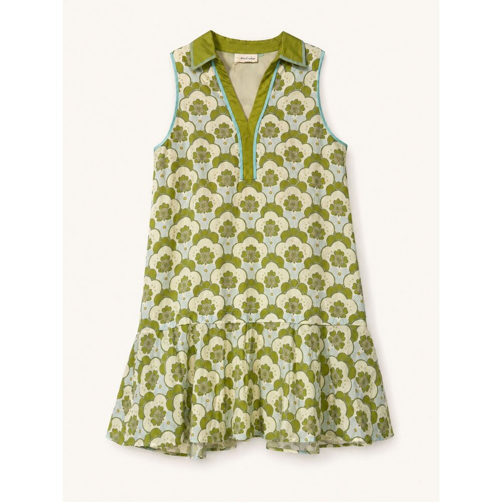 Entro Retro Floral Drop Waist Mini Dress Green Blue Sleeveless Collared Medium
